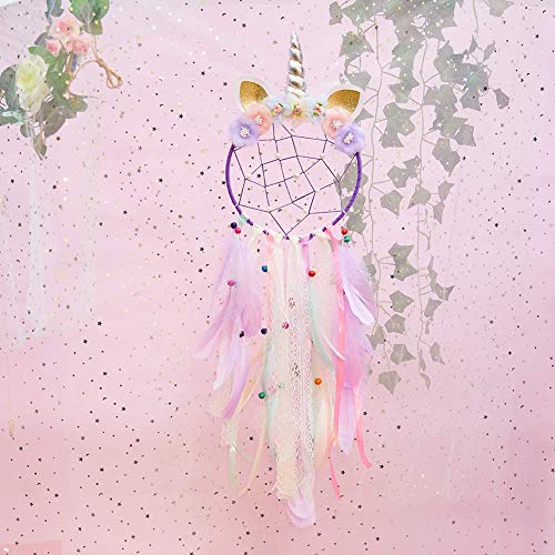 Beinou Unicorn Dream Catcher Colorful Feather Dream Catchers Handmade Flowers Dream Catchers Wall Hanging Dream Catcher for Girls Kids Nursery Bedroom Decoration Blessing Gift