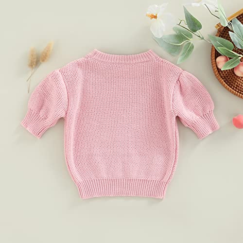 Baby Girl Puff Short Sleeve Sweater Knit Tops Toddler Infant Crew Neck Casual T Shirts Blouses Knitwear Summer Clothes (Pink, 3-4 Years) #TOP2
