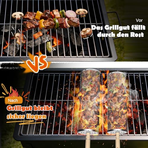 Ezilif Rollender Grillkorb, Edelstahl 304, Abnehmbarem Holzgriff, Outdoor Küche Grill Zubehör für Gemüse, Einsetzbar für Gasgrill, Camping Gadgets, Geschenke Geburtstagsgeschenk für Männer