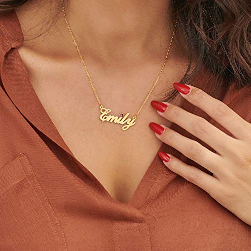 Myka - Personalized Name Necklace Made With Birthstone - Custom Made Nameplate - Sterling Silver 925 & 14K Gold - Jewelry Gift For Mother’s Day, Christmas, Birthday For Her, Women (14K Yellow Gold) #TOP1