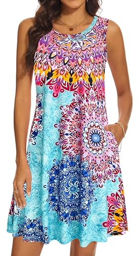 Image of Summer Dresses for Women 2026 Casual Sundresses Beach Cover Ups Sleeveless Tshirt Swing Dress with Pockets