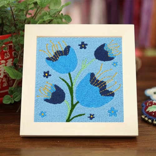 Image of Allazone Punch Needle Starter Kit, Punch Needle Embroidery Kit Frame, Square Fabric with Flower Pattern, Hoop, Yarns (Blue)