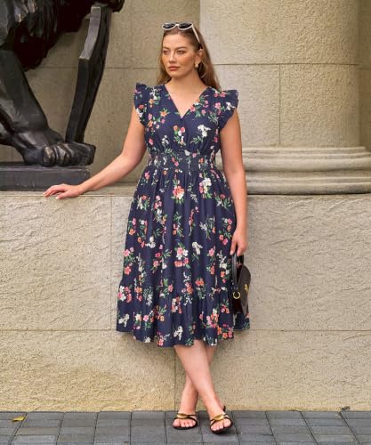 RITERA Womens Plus Size Summer Dresses V Neck Ruffle Sleeve Midi Dress 3X Smocked Tiered Boho Dress A Line Navy Blue Floral Sundress Casual Vacation Flowy Dresses with Pockets 3XL 22W 24W by RITERA - Used condition - Image 8