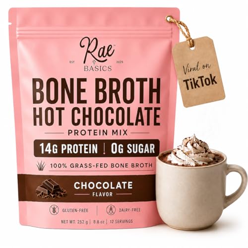 Rae Basics Bone Broth Hot Chocolate Protein Powder Starter 14g Grass-Fed Protein 10g+ Collagen Dairy Free Gluten Free Organic 0g Sugar Chocolate 12 Servings