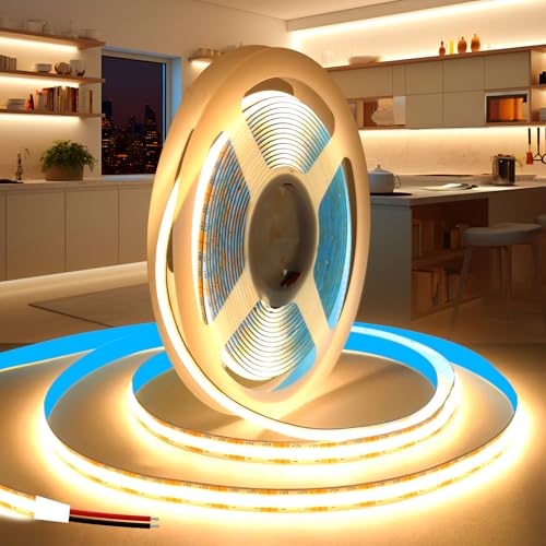 KSIBNW 24V COB LED Strip 5M/16.4ft, Warm White 3000K Led Strip Lights 8mm Width LED Tape Lights Flexible CRI90+ Uniform Dotless for Bedroom Cabinet Kitchen Decoration (No Power Supply)