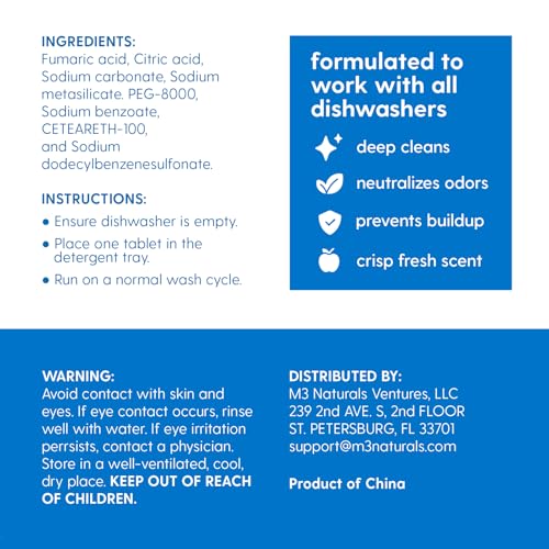 Dishwasher Cleaner & Deodorizer Tablets, Fights Grime, Grease, Limescale, Residue & Odor, Heavy Duty Cleaning Descaler Pods, Septic Safe, 24 Fresh Apple Scented Tablets, 1-Year Supply, by M3