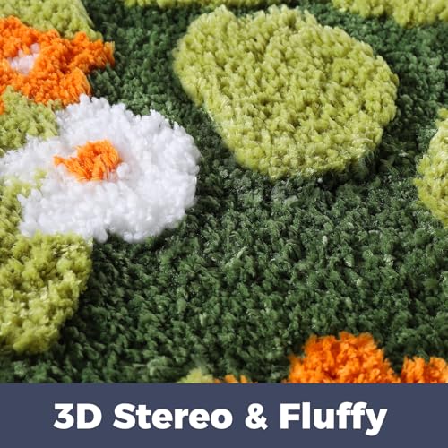 Green Floral Moss Bathroom Rug Bath Mat, Ultra Thick Soft 3D Aesthetic Decor Cute Tufted Bath Rugs, Non Slip Absorbent Washable Moss Carpet for Shower Floor Sink Bedroom, 20x32 Inch