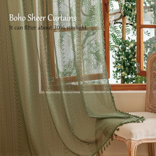 Sutuo Home Boho Lace Sheer Curtains 2 Panels for Bedroom Home Office, French Country Privacy Vintage Chic Drape Tassels Cottage Rustic Geometry Rod Pocket Christmas Decor, 50" x 108" Olive Green by Sutuo Home - Used condition - Image 4
