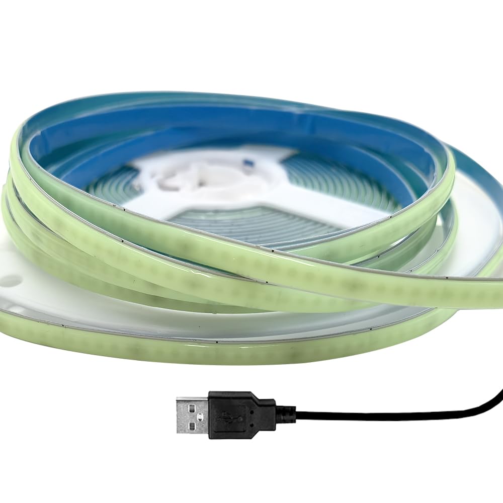 Cleiscry COB LED Strip 5V 400 LEDs/m 5mm Dotless Flexible Band Lighting for Cabinet Home Lighting (Green, 525nm 1m)