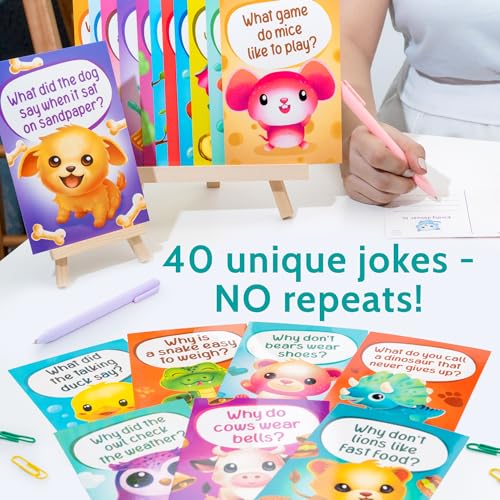 T MARIE 40 Funny Animal Joke Postcards with No Repeats - Humorous Bulk Thinking of You Postcards for Kids, Grandkids, Students, and Teachers, Summer Camp, Lunchboxes and More - Fun Cartoon Postcards