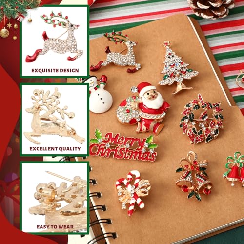 Image of 12PCS Merry Christmas Brooches, Rhinestone Crystal Pins for Women
