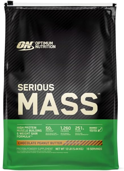 Optimum Nutrition Serious Mass, Weight Gainer Protein Powder, Mass Gainer, Vitamin C and Zinc for Immune Support, Creatine, Chocolate Peanut Butter, 12 Pound (Packaging May Vary)