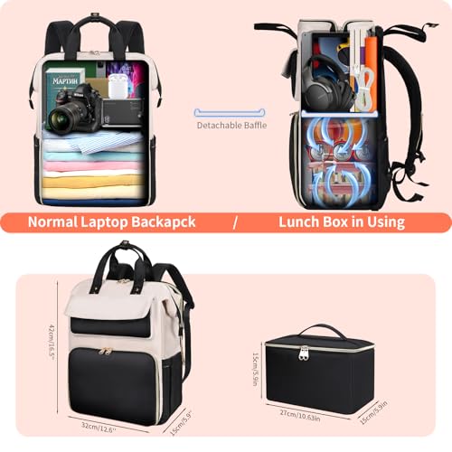 Image of BERTASCHE Lunch Backpack for Women, 17.3 Inch Laptop Backpack with Insulated Cooler Lunch box, Nurse Backpack for Teacher Work Travel College Picnic, Black-Beige
