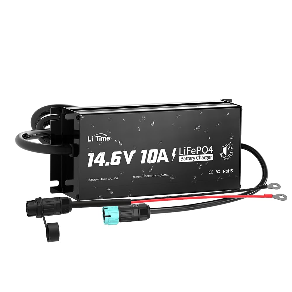 LiTime 14.6V 10A Chargeur LiFePO4 étanche IP67, Chargeur AC-DC au Lithium LiFePO4 avec Fonction de Charge Intelligente à 0V, indicateur LED