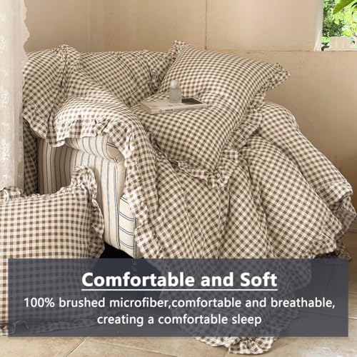Image of NSNLGSGC Tan Ruffle Gingham Comforter Set King, Pre-Washed Ruffled Taupe Plaid Checked Comforter Bedding, 3 Pieces Vintage Farmhouse Grid Bedding Set(Tan Gingham, King)