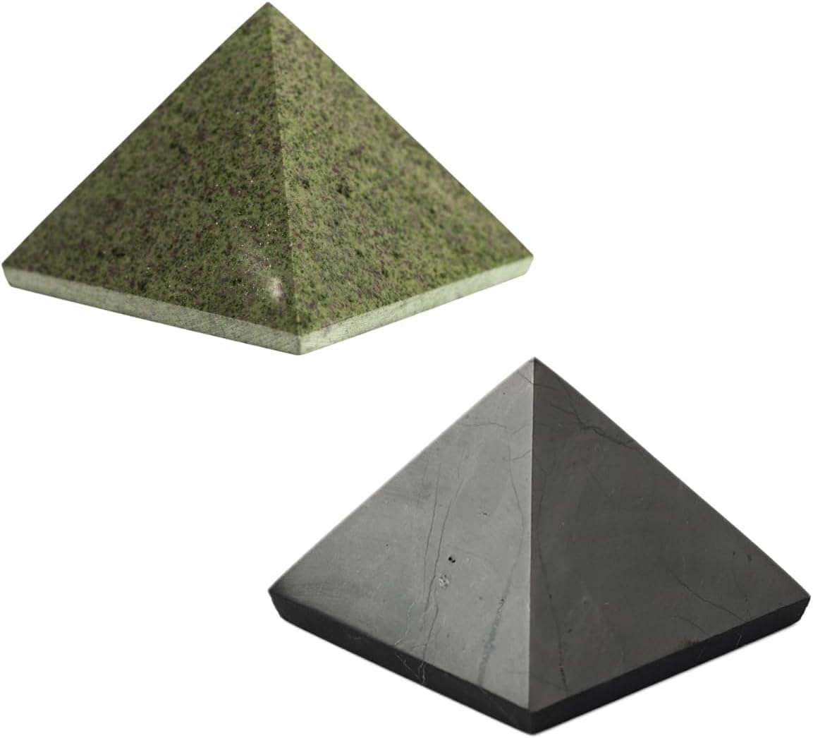 Karelian Heritage Shungite and Dark Green Basalt Pyramid Set 2 Pack, Meditation Authentic Solid Stones, 2 Inch Polished Sacred Geometry Healing Crystals S597