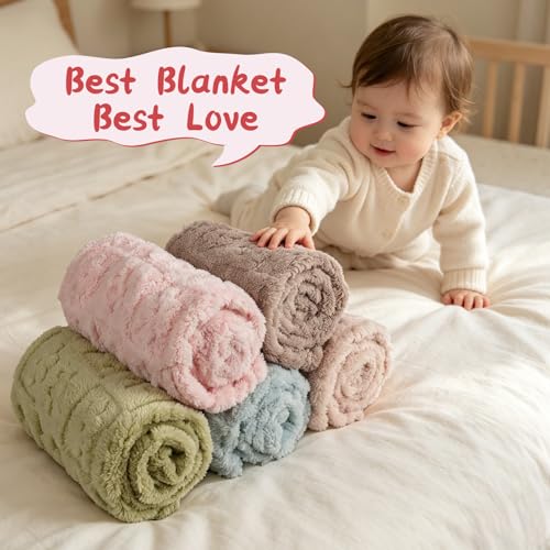 Image of 5 Pcs Baby Blanket Flower Checkerboard Ultra Soft Gift-Ready Plush for Newborns, Nursery & Stroller 30 inchx40 inch Pink Blue Gray Light Brown Purple