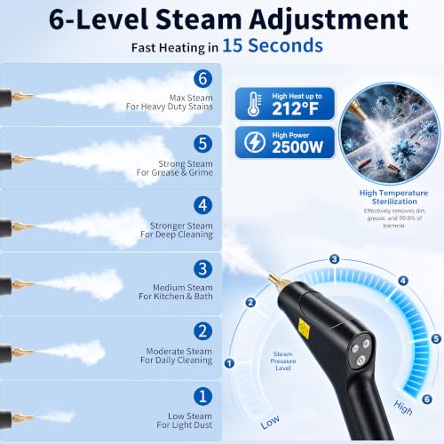 Steam Cleaner, High Pressure Steam Cleaner for Home, 6-Level Adjustment Handheld, 15s Fast Heat-Up & 1.8L Tank, 2500W Multi-Surface Portable Steamer for Floor/Grout/Car/Kitchen & Bathroom - image 2