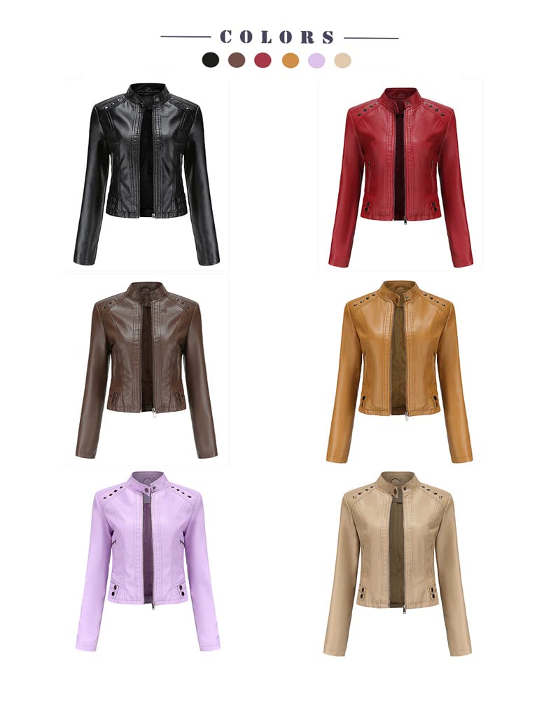 Giacca corta da donna in pelle PU manica lunga top donna sottile stand collare moda giacca. marrone-L
