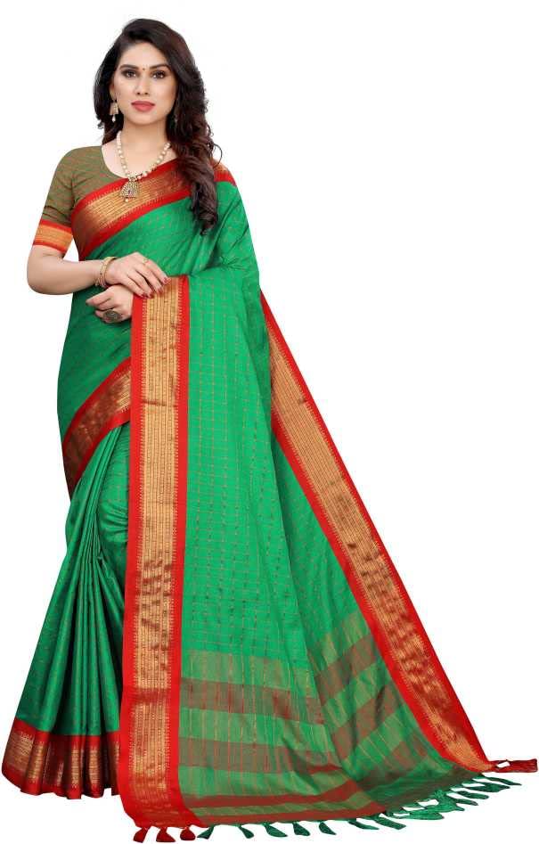 Siya EnterpriseSIY SILK STUDIO UPADA CHEX COTTON FANCY SAREE (GREEN_RED)