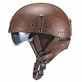  Retro Mortorradhelm Halbhelm Schutzhelm Rollerhelm mit Schutzbrille Sommer Kampfhelm Halbschalenhelm Reithelm PU Leder Bike Cruiser Chopper Männer und Frauen Dunkelbraun