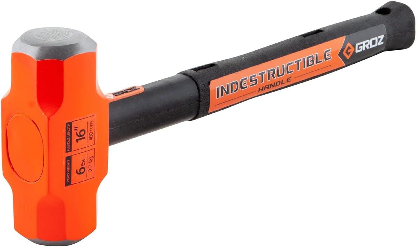 Groz 34521 Indestructible Sledge Hammer, 6-lb Head, 16-Inch Handle, Indestructible Steel Core Design, Vibration-Reducing Rubber Grip, ANSI Certified for Construction, Demolition, Iron Work
