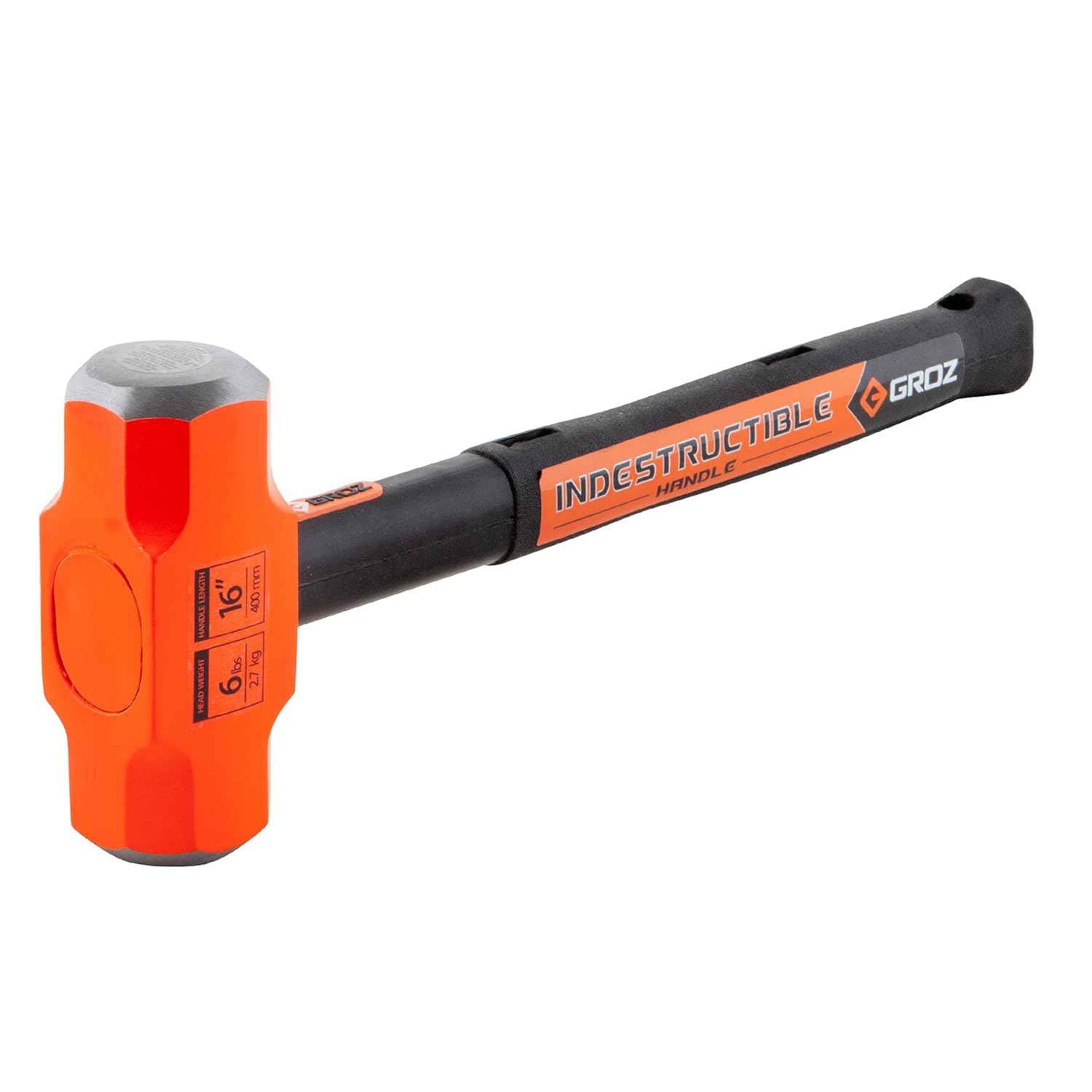 Groz 34521 Indestructible Sledge Hammer, 6-lb Head, 16-Inch Handle, Indestructible Steel Core Design, Vibration-Reducing Rubber Grip, ANSI Certified for Construction, Demolition, Iron Work