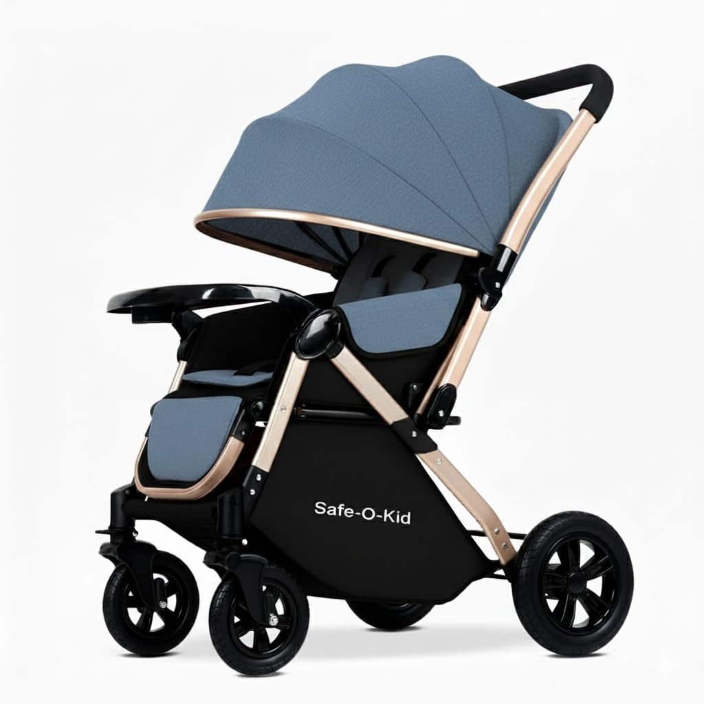 Safe-O-Kid Breez Baby Rubber Wheel Stroller/Pram with 1 Year Warranty (Latest Model - 2023) for New Born/Toddler/Kid for 0 to 3 Years Travel Friendly, 5 Point Safety Harness - Blue-image-19
