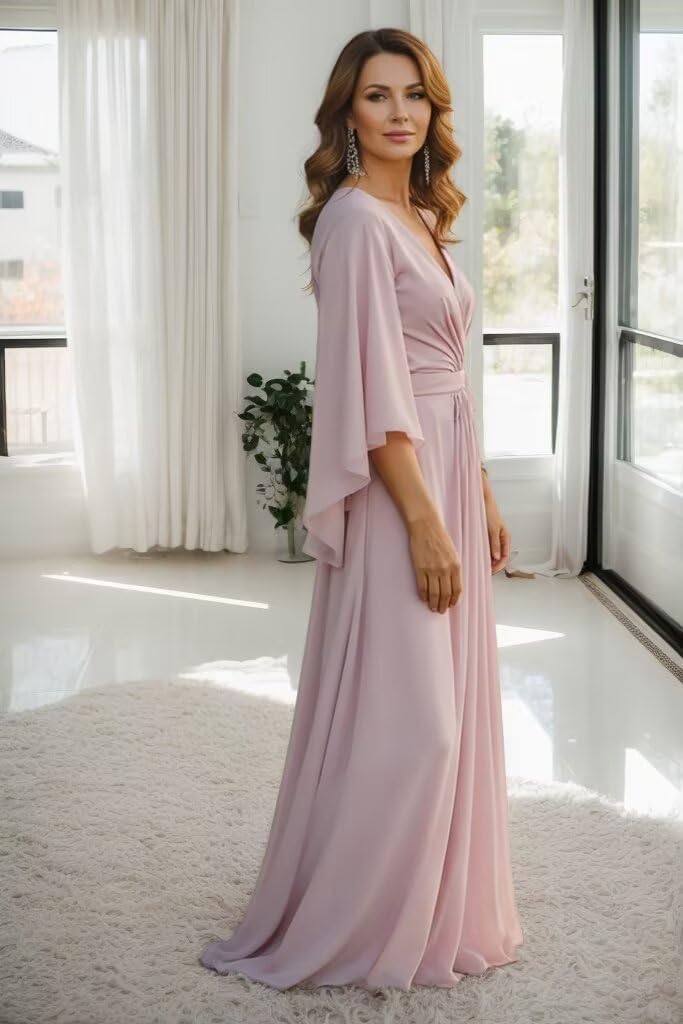 Long Flutter Sleeve Mother of The Bride Dress Pleated V Neck Chiffon Mother of The Groom Dresses LR06