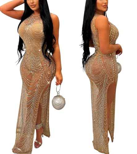 Image of PORRCEY Women's Sexy Hot Drilling Craft Dress Bodycon Party Club Night Out Mesh See Through Maxi Dress(6733,Beige,XXL)