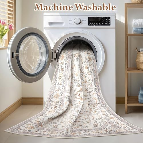 Tortania Area Rug Living Room Rugs - 9x12 Washable Boho Rug Vintage Oriental Distressed Farmhouse Large Thin Indoor Carpet for Living Room Bedroom Under Dining Table Home Office - Floral Beige