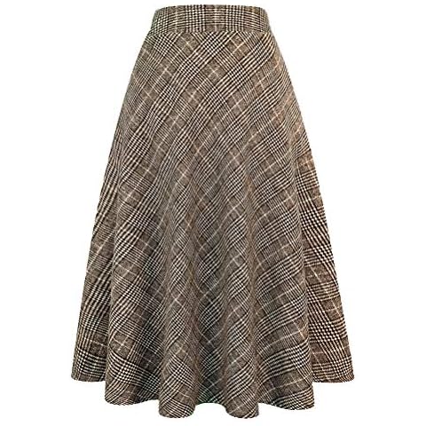 IDEALSANXUN Womens Plaid Wool Skirts Elastic Waist A-Line Pleated Tartan Long Skirts - brown - XX-Large Cover