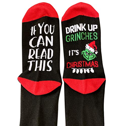 SUNSHNE Women Men Novelty Christmas Crew Socks Funny Words If You Can Read This Drink Up Grinches Casual Cotton Tube Hosiery Xmas Gift Xmas Supplies
