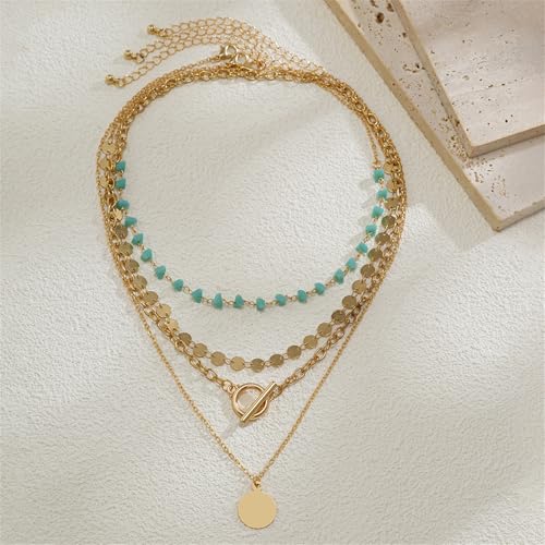 Gold Layered Necklaces for Women Boho Turquoise Stack Necklace Bohemian Coin Pendant Necklace Country Concert Beach Jewelry4