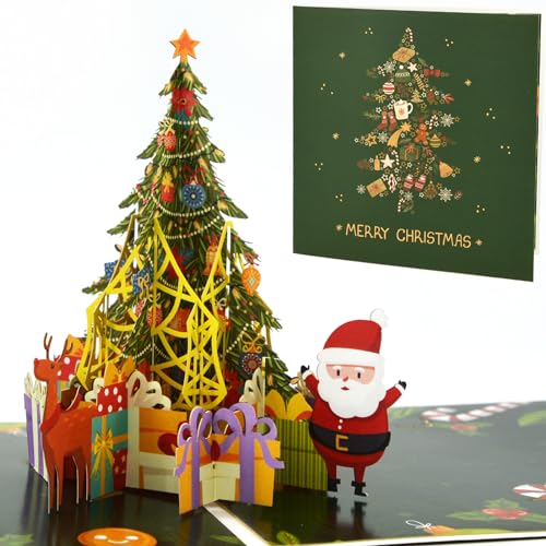 Tarjeta de Navidad emergente 3D, diseño de árbol de Navidad, tarjeta de felicitación sorpresa para familiares, amigos y niños (árbol de Navidad verde)