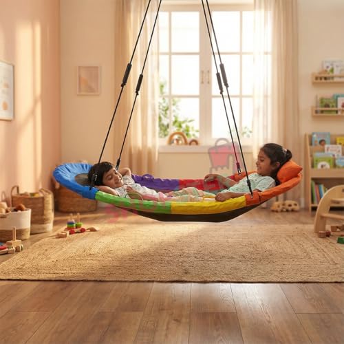 Image of Shopster Surf Hanging Swing Hammock - Kids Indoor /Outdoor Giant Oval Platform Swing Mat - Adjustable Length Ropes, Great for Tree, Swing Set, Backyard, Playground, Playroom