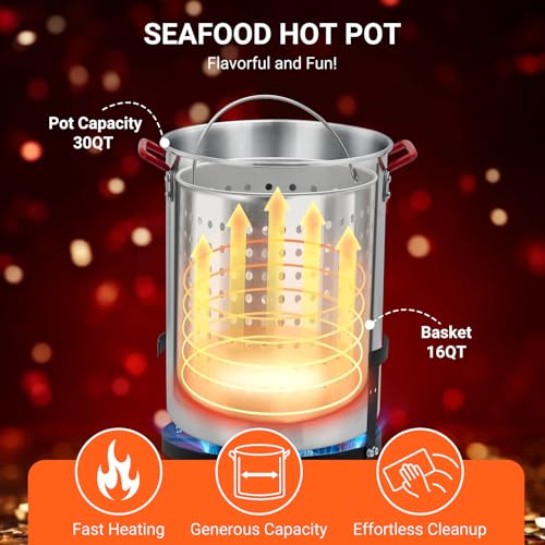 GarveeHome 30 Qt Turkey Fryer, Aluminum Seafood Boiler Steamer, Outdoor Deep Fryer with 0-5 PSI Regulator, Fish Fryer Pot with Propane Stove Burner Stand and Thermometer Kit for Frying Turkey