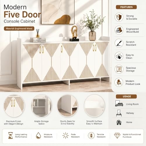 Image of Spyder Craft Mid-Century Modern 5-Door Sideboard Buffet - Geometric Diamond Pattern Credenza with Gold Hardware & Tapered Legs - Large Wood Storage Cabinet for Living Room, Dining Room- White