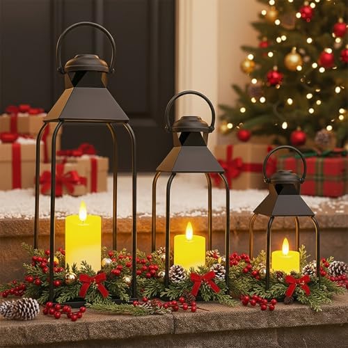 Dekorative Metall-Laternen für drinnen und draußen, Kerzenhalter für Veranda, Terrasse, Kamin, Boden, Hochzeit, Weihnachten, Herbst, Urlaub, Bauernhaus-Tischdekoration (schwarz, 3 Stück, 50,8 cm, 39,9