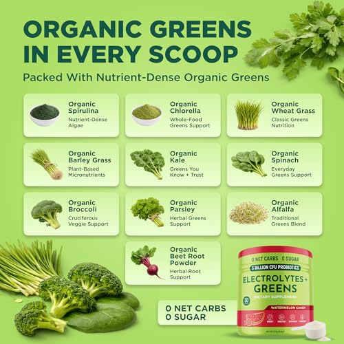 Image of Keto Vitals Greens Powder Plus Electrolytes - Daily Super Greens Powder with Superfoods - Green Drink with Sugar Free Electrolytes for Hydration, Gut Health & Digestion, Watermelon Candy - 30 Servings