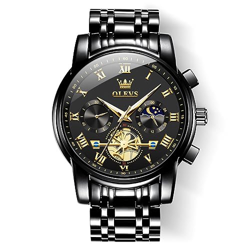 OLEVS Men's Wrist Watches Two Tone Stainless Steel Quartz Watch Diamond Chronograph Moon Phase Gold Blue Black Dial Male Watch Waterproof Luminous