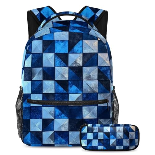 Cartable damier bleu aquarelle grand volume style artistique avec sa trousse