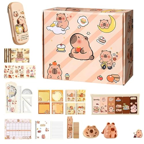 Lote De Papelería Bonita | Bolsa De Lápices Estética De Capibara - Suministros Escolares para Niños Y Niñas Incluye Cuadernos Lápices Notas Adhesivas Pegatinas Etc