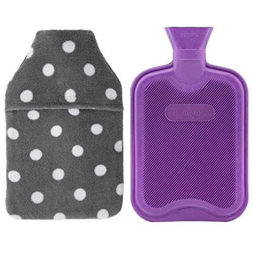 HomeTop Premium Classic Rubber Hot or Cold Water Bottle with Soft Fleece Cover (2 Liters, Purple/Gray Polka Dot Envelope Cover)