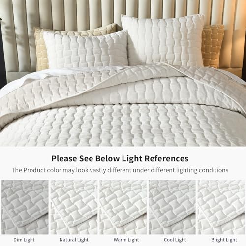 Image of Grassix Velvet Quilt Set Queen Size, Luxury Geometric Design, Cream White | Lightweight Velvet Comforter with 2 Pillow Shams, Soft Bedspread Coverlet, Quilted Bedding Set for All Seasons, 90 inchx96 inch