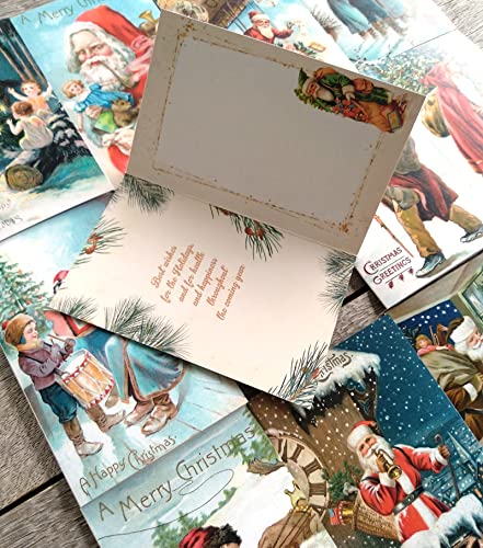Image of PIXILUV WINTER CHRISTMAS (Pack of 12) Notecards Small Greeting Cards # Wintery Christmas Scenes and Santa Claus ~ Vintage Christmas Postcards Reprint