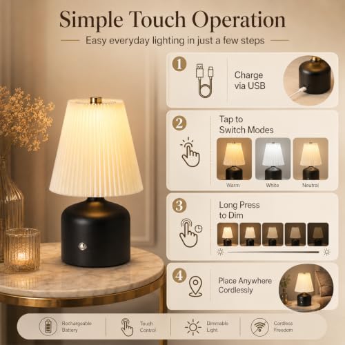 Image of One94Store Pleated Shade Table Lamp Touch Control Dimmable with 3 Light Modes (Warm, White, Neutral) USB Rechargeable Decorative Desk Lamp for Bedroom & Living Room