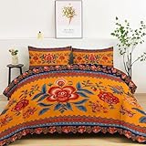 Bettdecke 4-Jahreszeiten Steppdecke in 155x220 cm mit Traditioneller Indischer Druck, Warme & Weiche Schlafdecke ohne Bezug mit 2 Kissenbezügen, Leuchtend Orange, Baumwolle