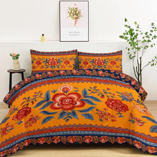 Bettdecke 4-Jahreszeiten Steppdecke in 155x220 cm mit Traditioneller Indischer Druck, Warme & Weiche Schlafdecke ohne Bezug mit 2 Kissenbezügen, Leuchtend Orange, Baumwolle