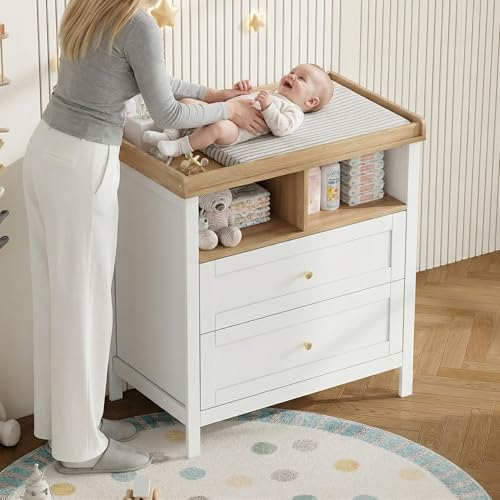 STAPERFO Commode Bébé Convertible avec Table à Langer – Meuble de Rangement Évolutif pour Chambre Bébé et Enfant, Table à Langer Sécurisée avec Barrière Amovible et Grand Tiroir, 82x50x90 cm